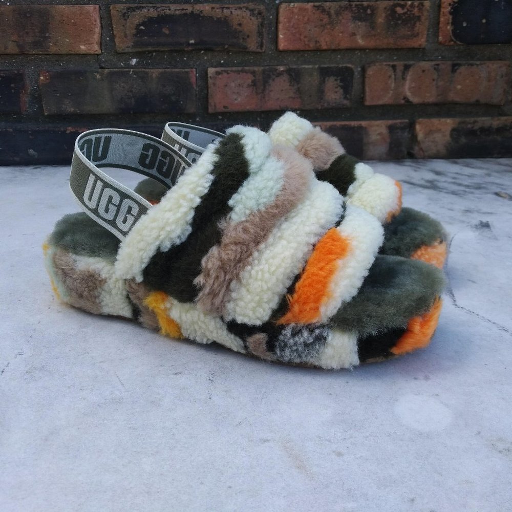 UGG Multi-Color Shearling Fluff Sandal - Cream, Olive, Orange, Brown